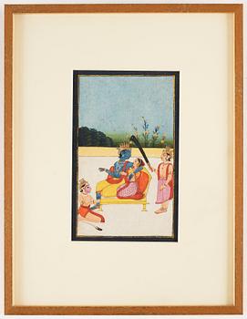 A painting of Rama and Sita on a yellow throne with Hanuman, India, Rajasthan, Jaipur, first half of 19th Century.