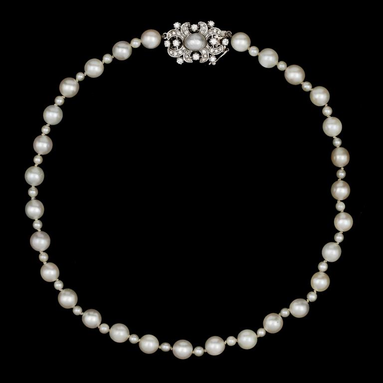 COLLIER, odlade pärlor med lås med briljantslipade diamanter.