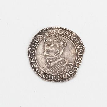 A Swedish silver coin, Charles IX, 1/2 mark, 1607.