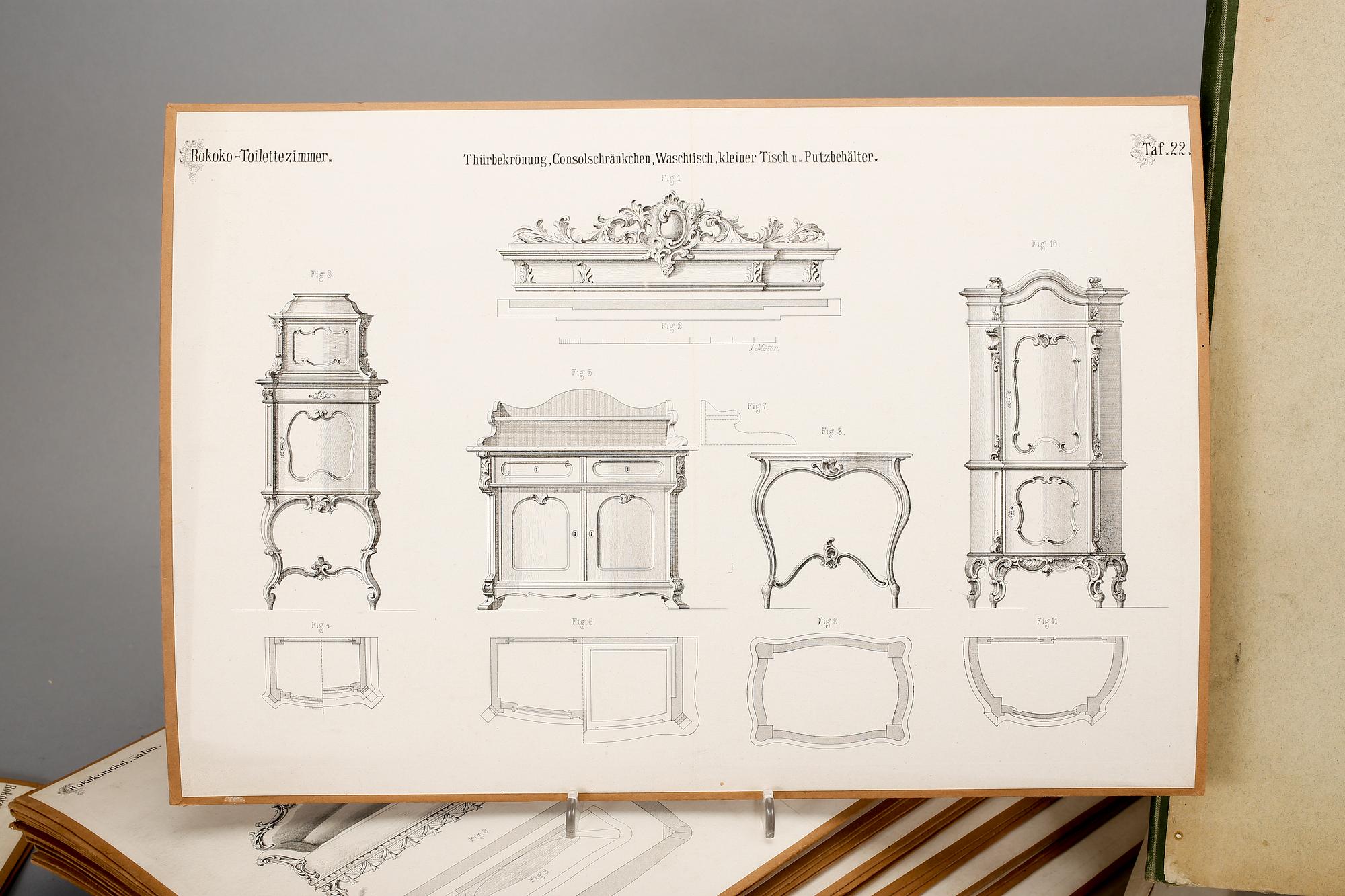 MÖBELPLANSCHER, ca 60 stycken, nyrokoko och nyrenässans, Tyskland, 1800-talets slut.