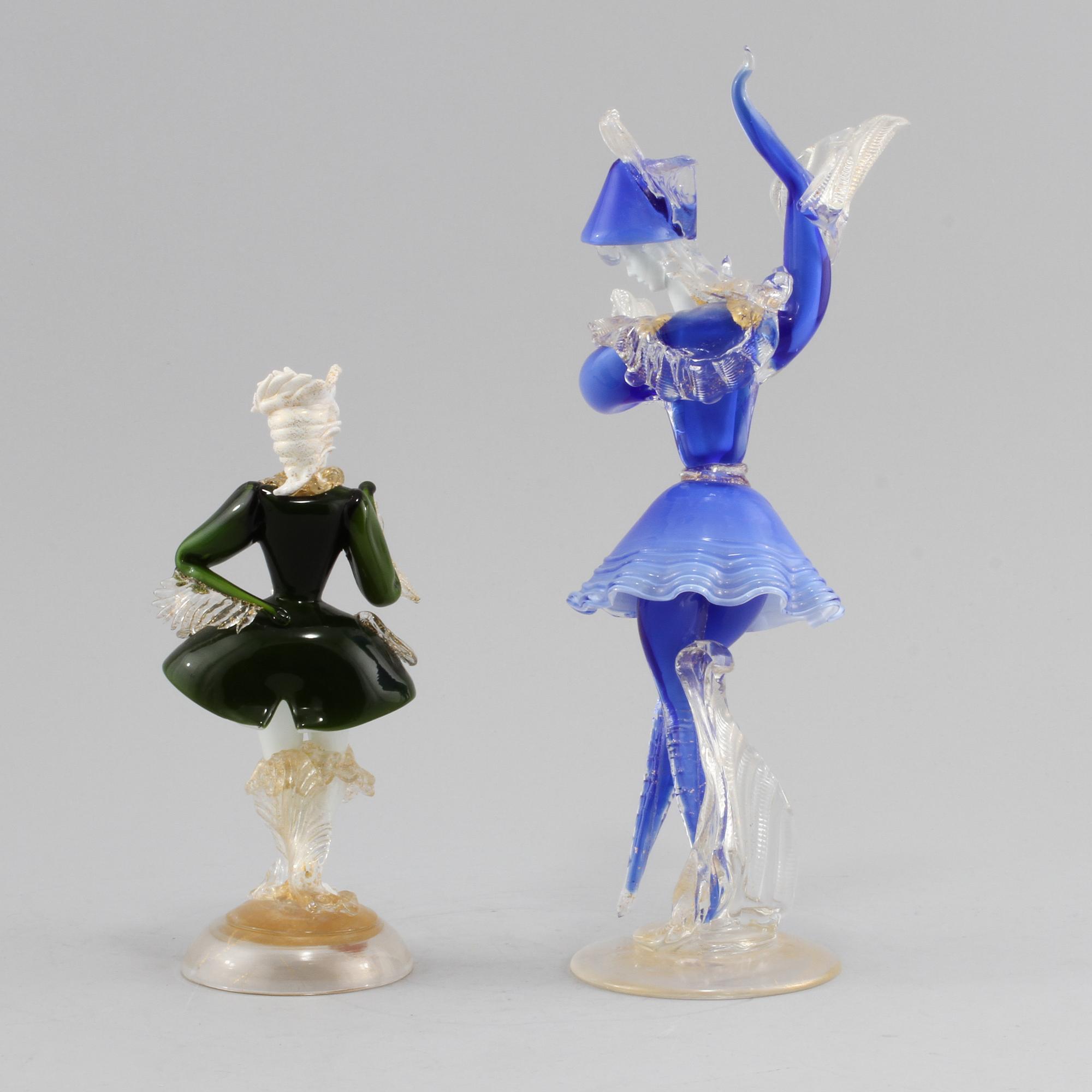 FIGURINER, 2 st, glas, Murano, Italien, 1900-talets andra hälft.