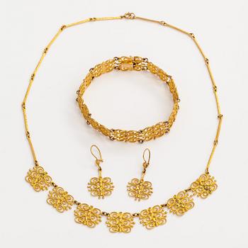 Esko Raitanen, collier, armband och örhängen, 14K guld, Helsingfors 1972.