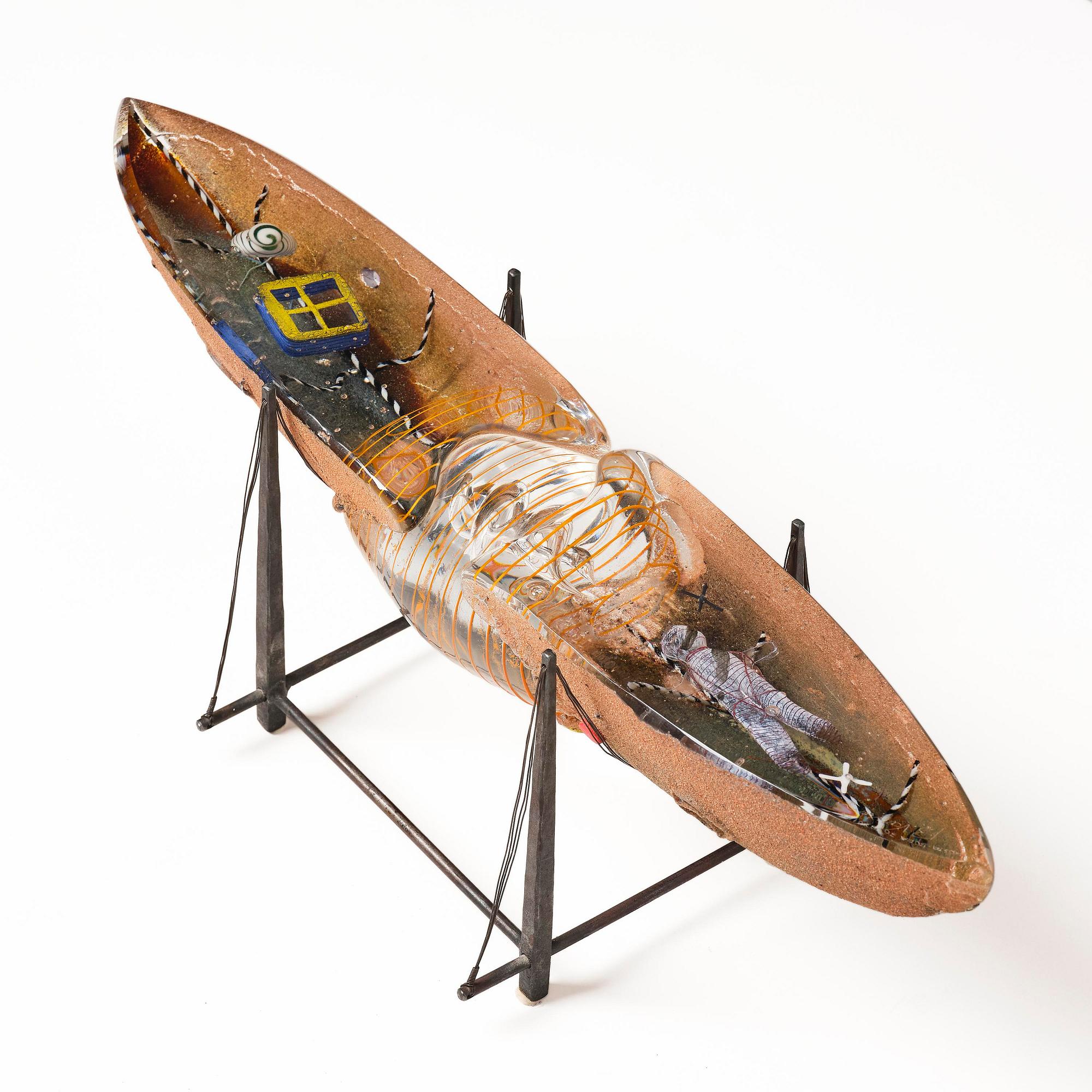 Bertil Vallien, a unique sand cast glass sculpture of a boat, Kosta Boda, Sweden, 1980s.