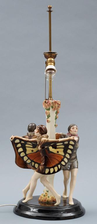 A Josef Lorenzl "The captured bird" triple figural lamp, Goldscheider, Wien circa 1925.