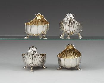 A set of four Swedish 18th century parcel-gild salts, makers mark of Petter Lund (Stockholm 1749-1786) befor 1764.