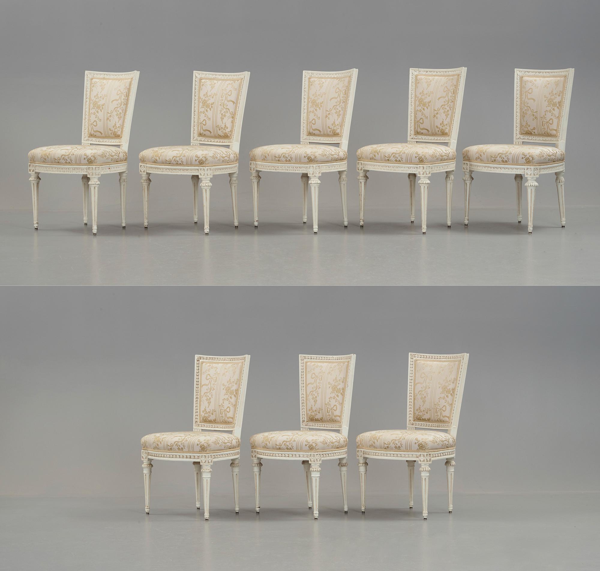 Eight (5+3) matched Gustavian late 18th century chairs.
