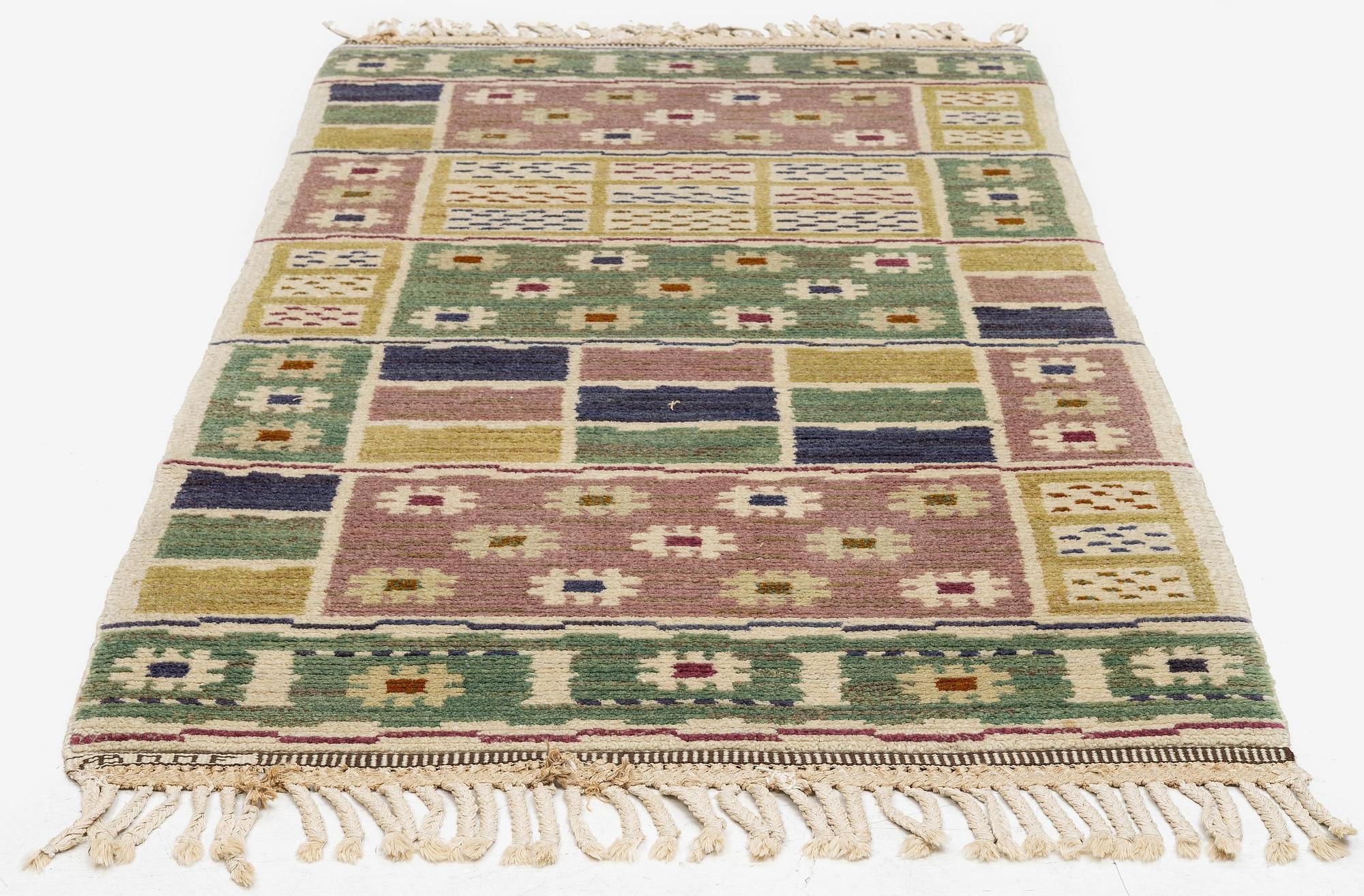 Märta Måås-Fjetterström, a 'Ängarna' carpet, knotted pile, c. 190 x 90 cm, signed AB MMF.