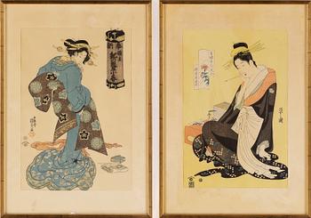 A set of three Bijin-ga woodblock prints, Japan, 19th Century.