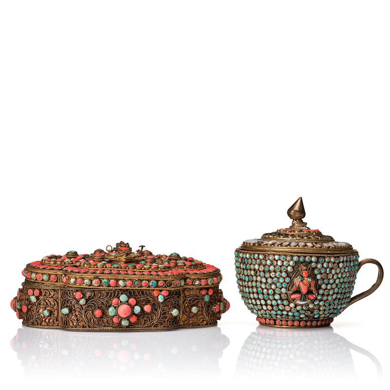 A box with cover and a cup with cover, Nepal, 19/20th Century.