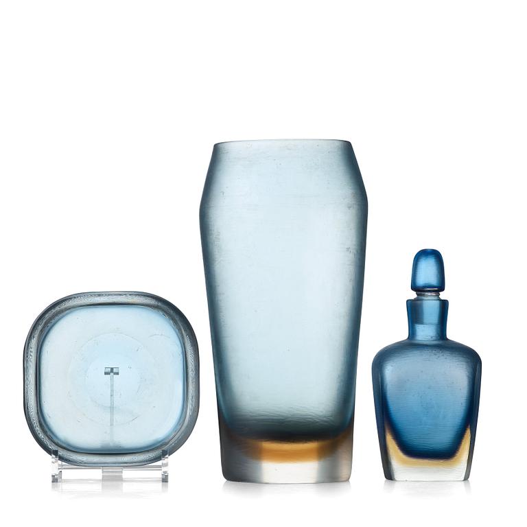 Paolo Venini, a set of three "Incisi" glass objects by Venini, Murano Italy 1950's.