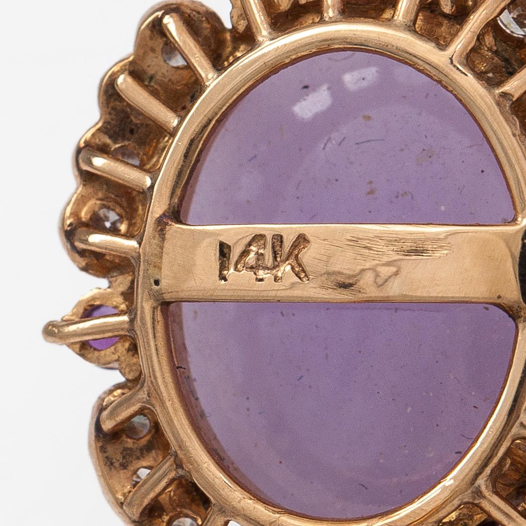 A pair of 14K gold earrings with amethysts, lavender jadeites and diamonds ca. 0.26 ct in total.