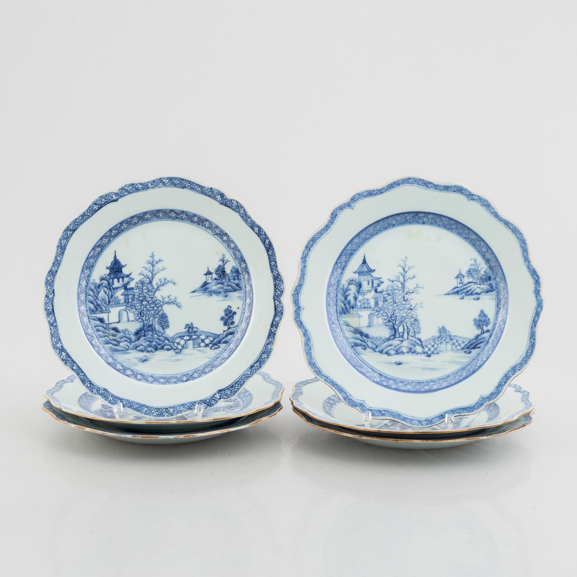 Six Chinese blue and white export porcelain plates, Qing dynasty, Qianlong (1736-95).