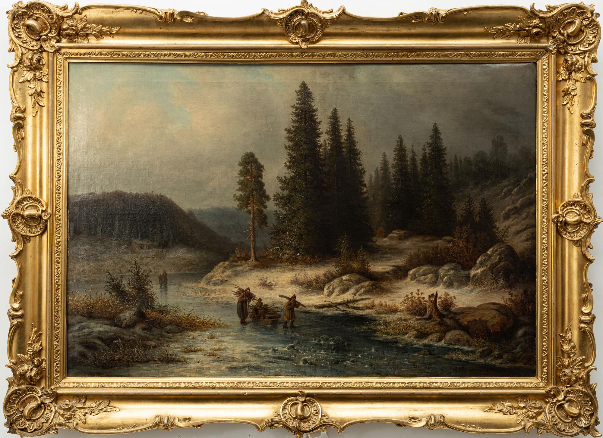Lars Gustaf Kinmansson, Winter Landscape with Wood-Gathering Family.