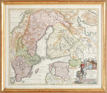 Johann Baptist Homann · JOHAN BAPTISTA HOMANN, kolorerad gravyr, Nürnberg, 1700-tal.