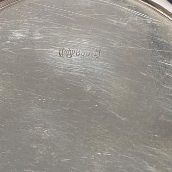 Mockakanna, sockerskål, gräddkanna samt bricka, silver, bl a Tyskland, med svenska importstämplar, 1900-tal.