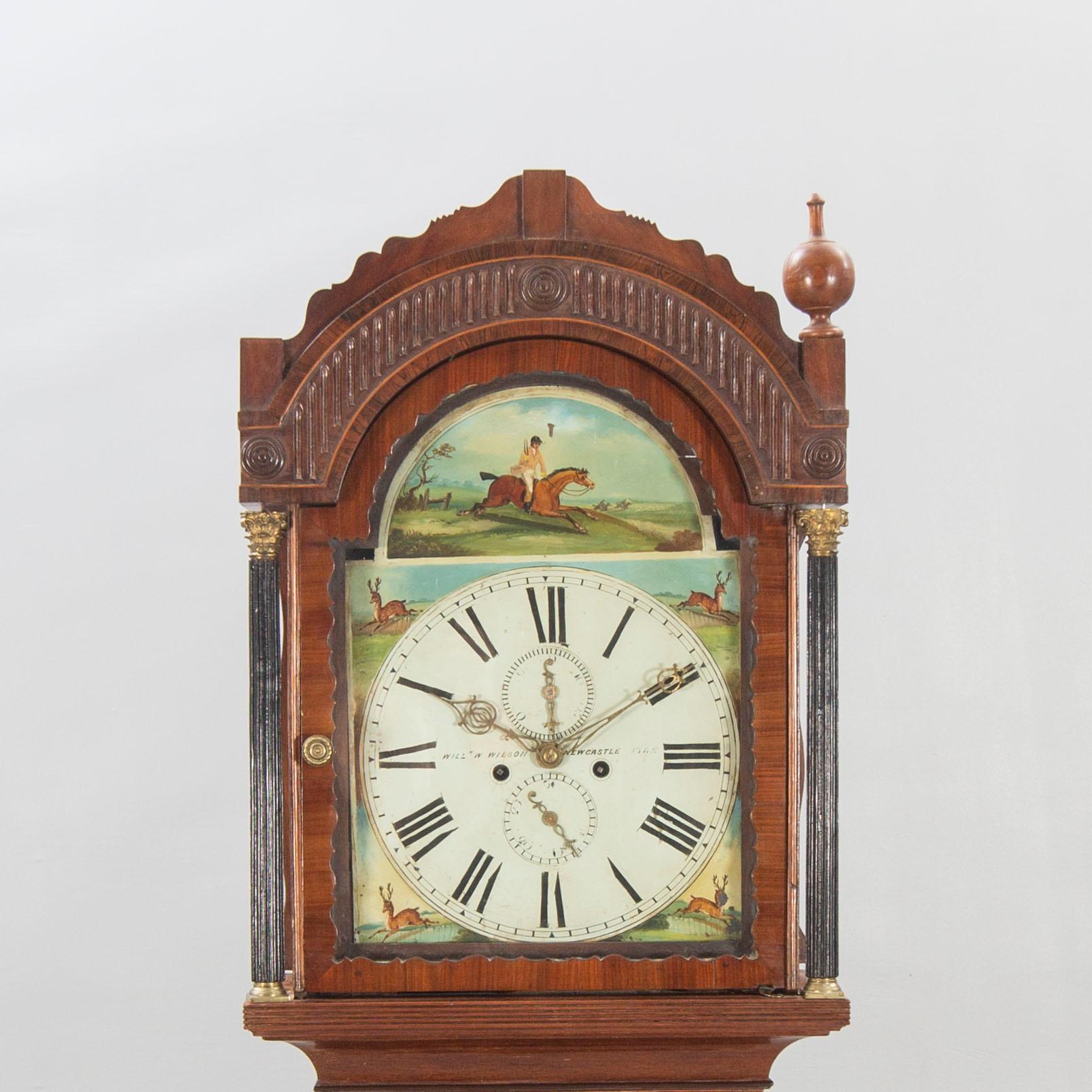 An English W Wilson Newcastle mahogany grand father clock first half of the 19th century.
