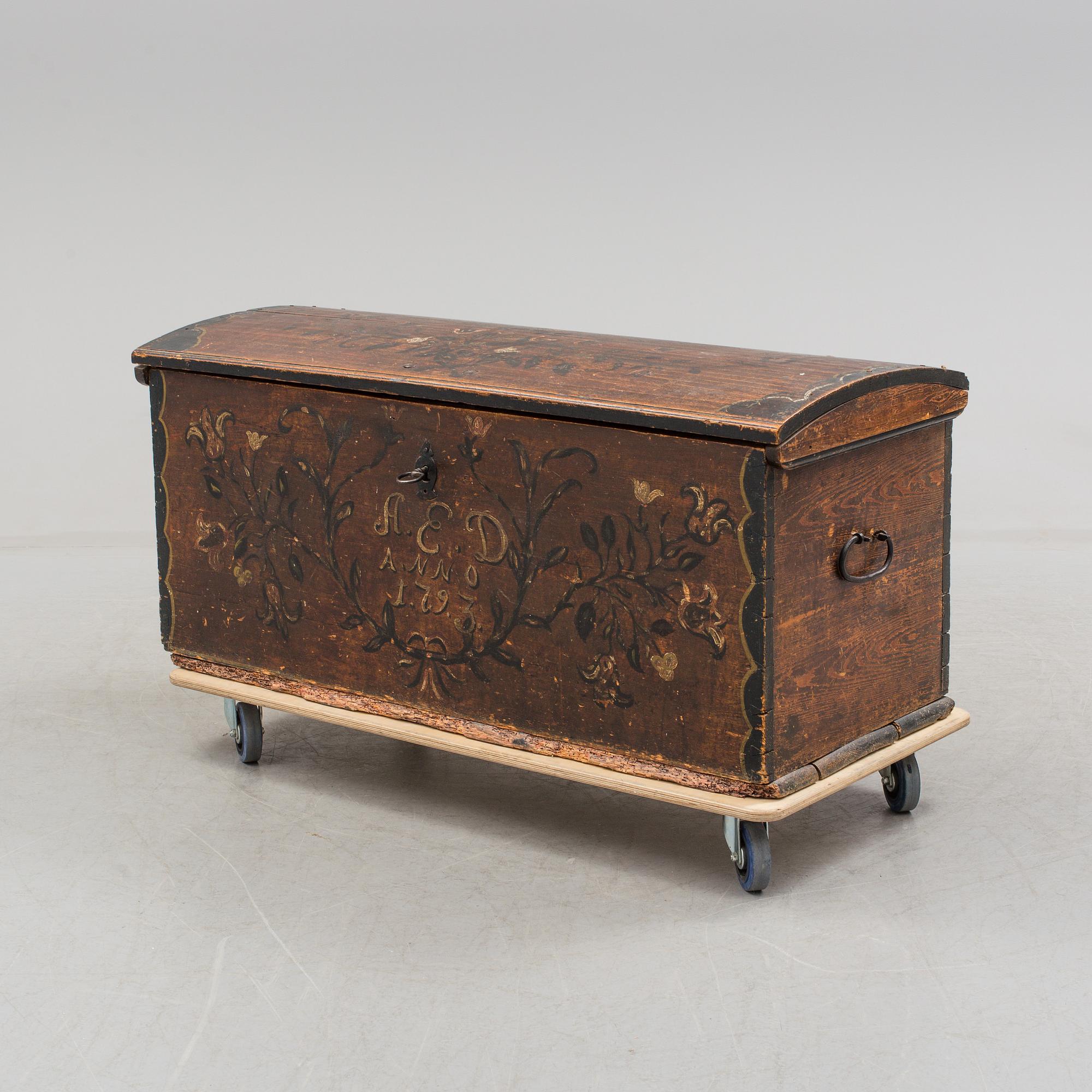 a Swedish folk art chest with the letters A.E.D and dated 1793.