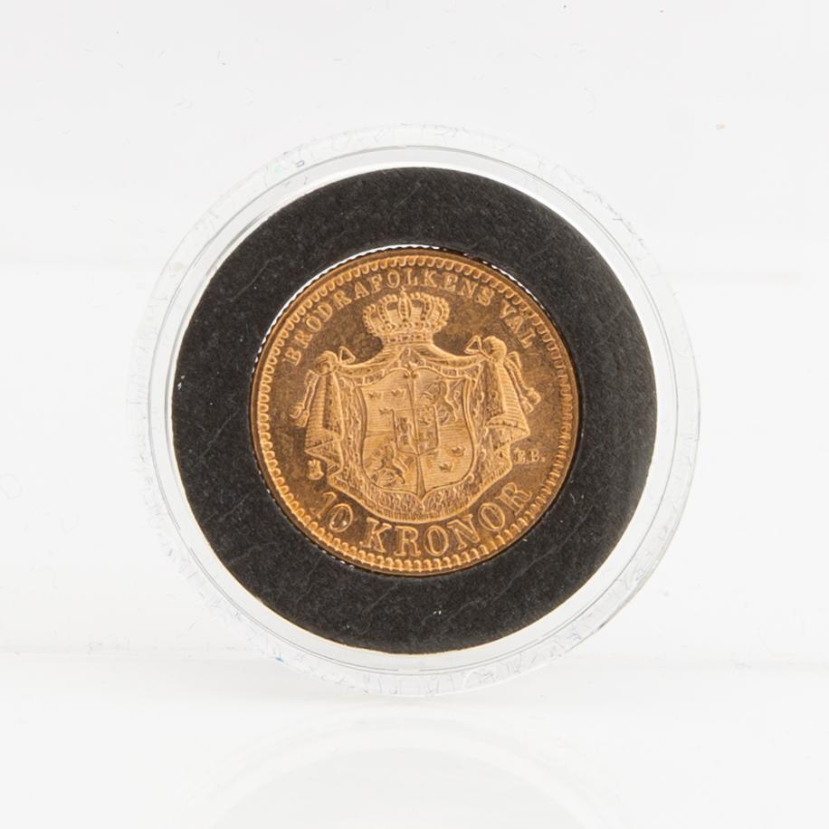 Gold coin Sweden, Oscar II 10 kr, 1883, mint error.