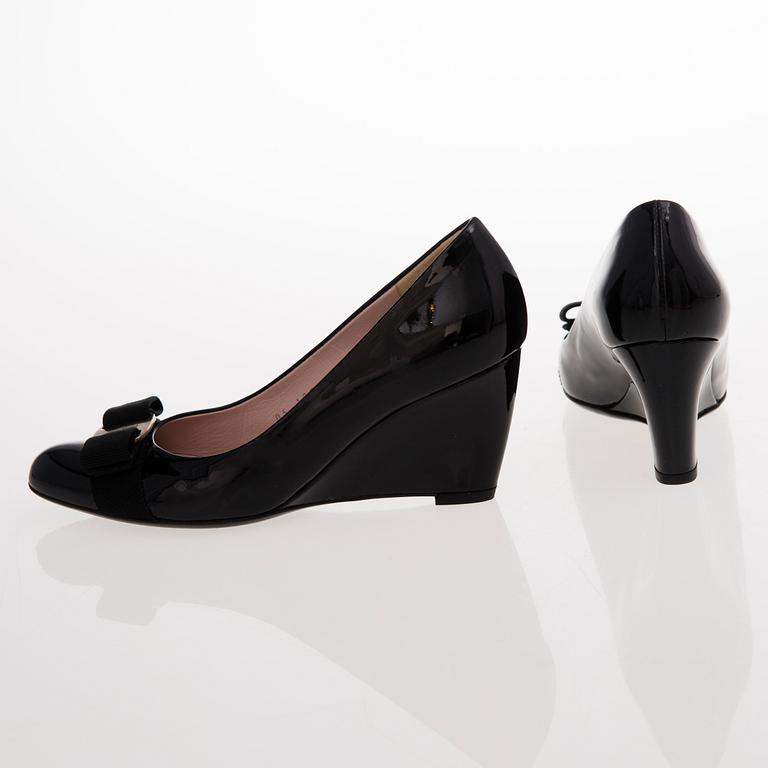 Salvatore Ferragamo, A Pair of Black Patent Leather Wedge Pumps, size 5.5.