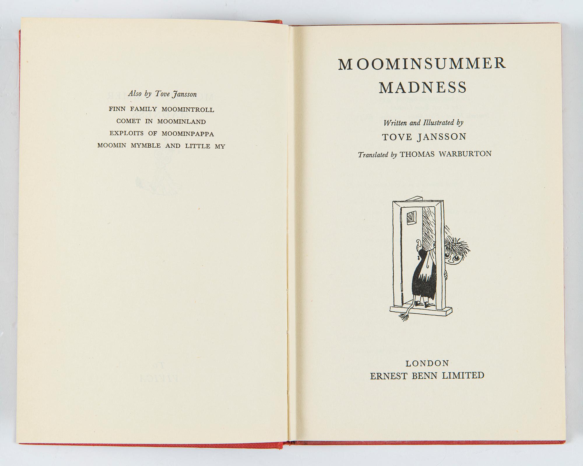 Tove Jansson, Bok 1 upplagan "Moominsummer Madness", Limited Ernest Benn London 1955.