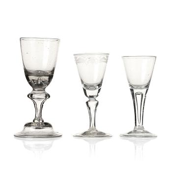 438. Three wine glasses, 18th century.