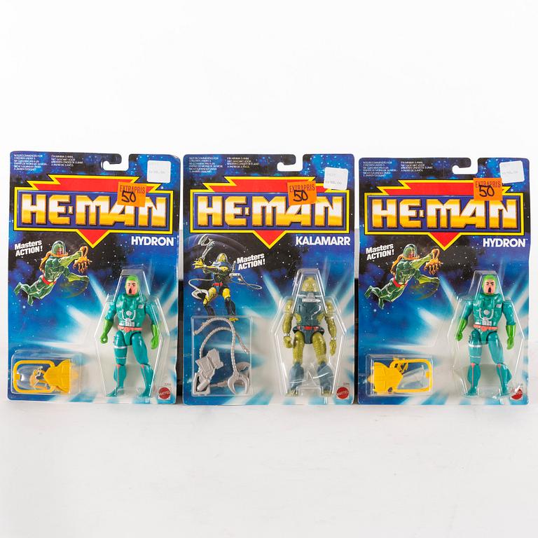 Thirteen He-Man action figures in their original packaging, Mattel, 1988.