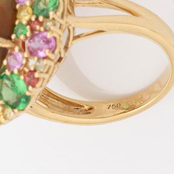 Opal, pink, yellow and orange sapphire, tsavorite and brilliant cut diamond cocktail ring.