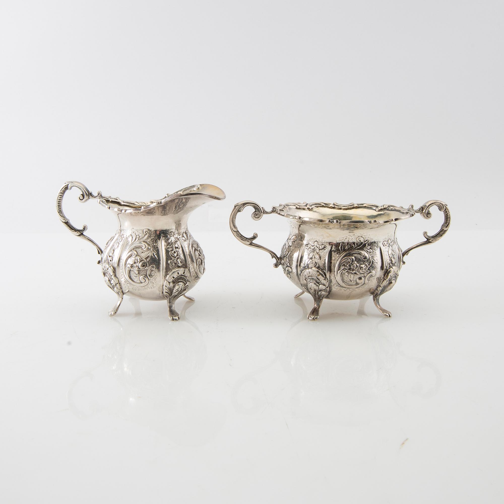 Cream jug and sugar bowl, silver, Swedish import marks, Rococo style, first half of the 20th century.