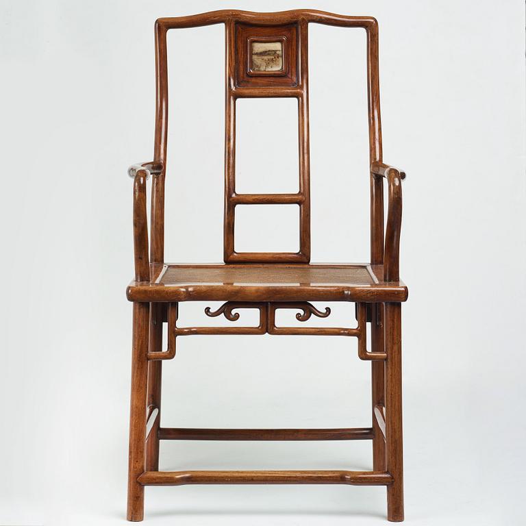 A hardwood and dreamstone armchair, presumably late Qing dynasty.