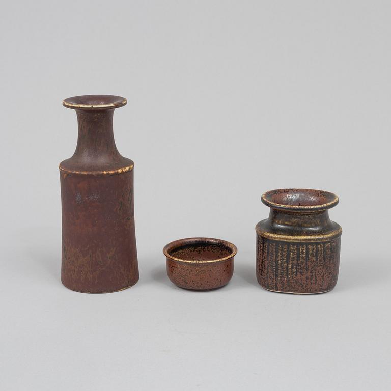 Stig Lindberg, two stoneware vases and a bowl, Gustavsbergs studio.