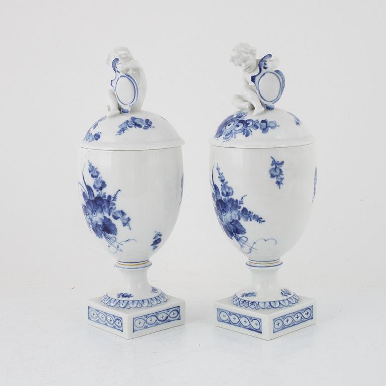 A pair of 'Blå Blomst' porcelain lidded urns, Royal Copenhagen, Denmark.