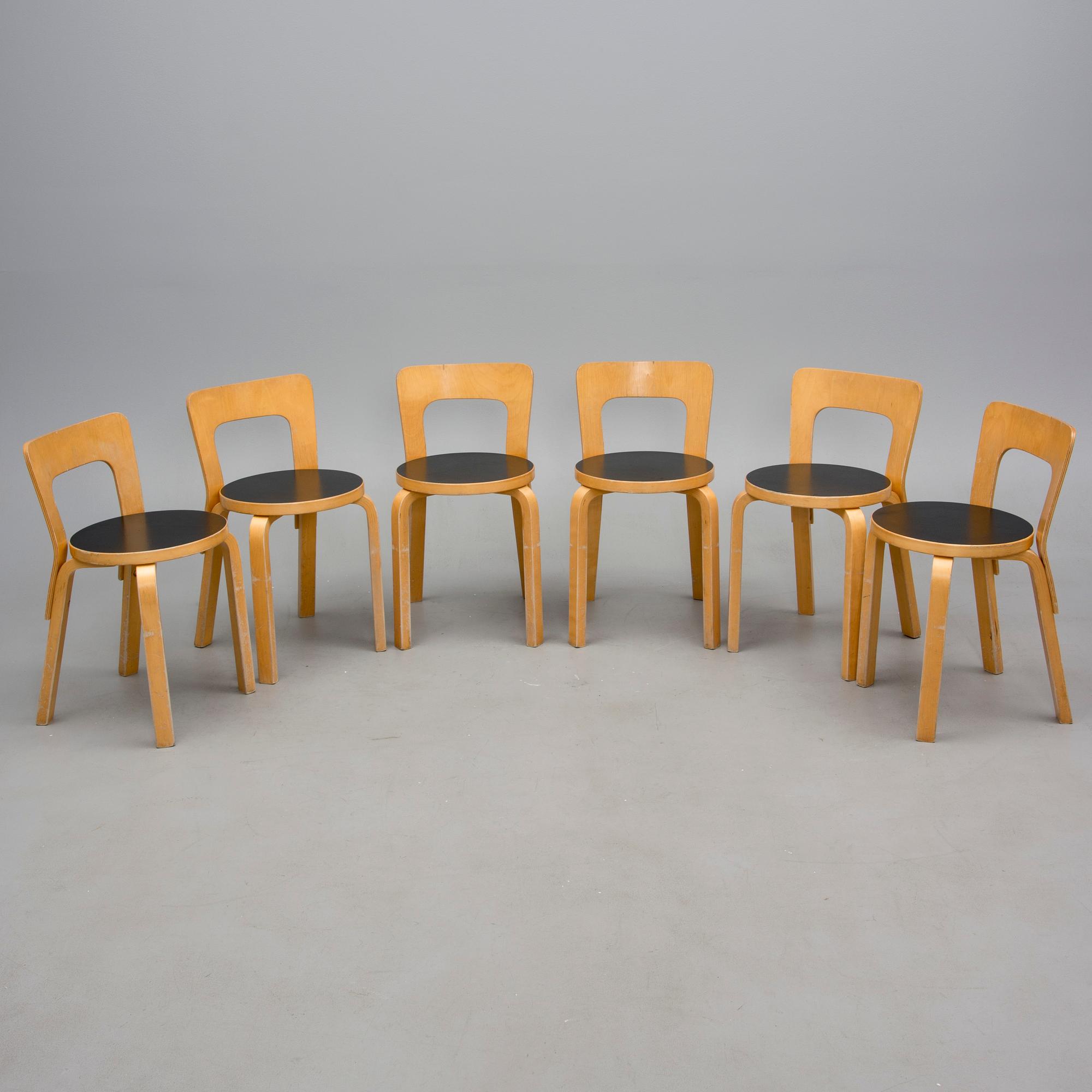 STOLAR, 6 st, modell 65, Alvar Aalto, Artek 1900-talets senare hälft.