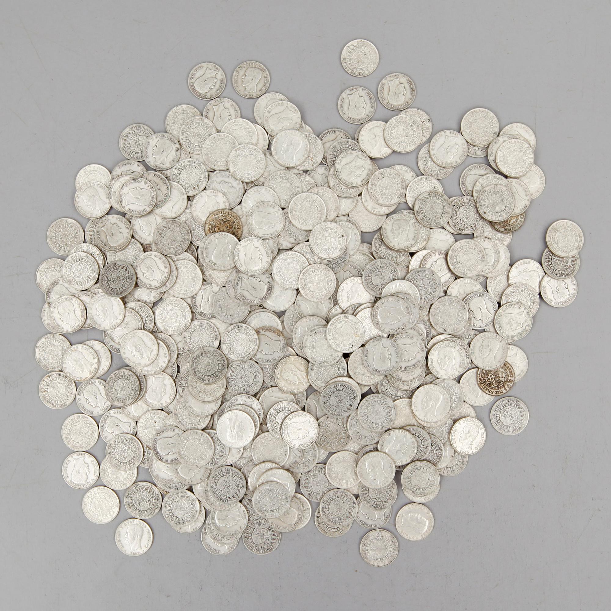 SAMLING SILVERMYNT, enkronor, Gustaf V, 1910-1941. Vikt ca 3000 gram.