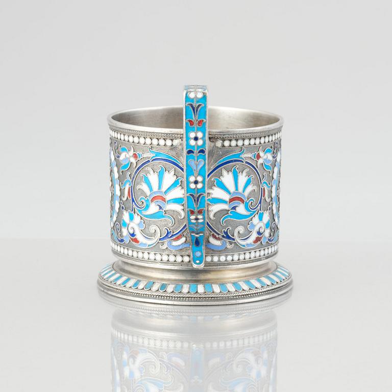 A Russian silver and enamel tea-glass holder, Moscow 1899-1908. Possibly Vasily Agafonov.