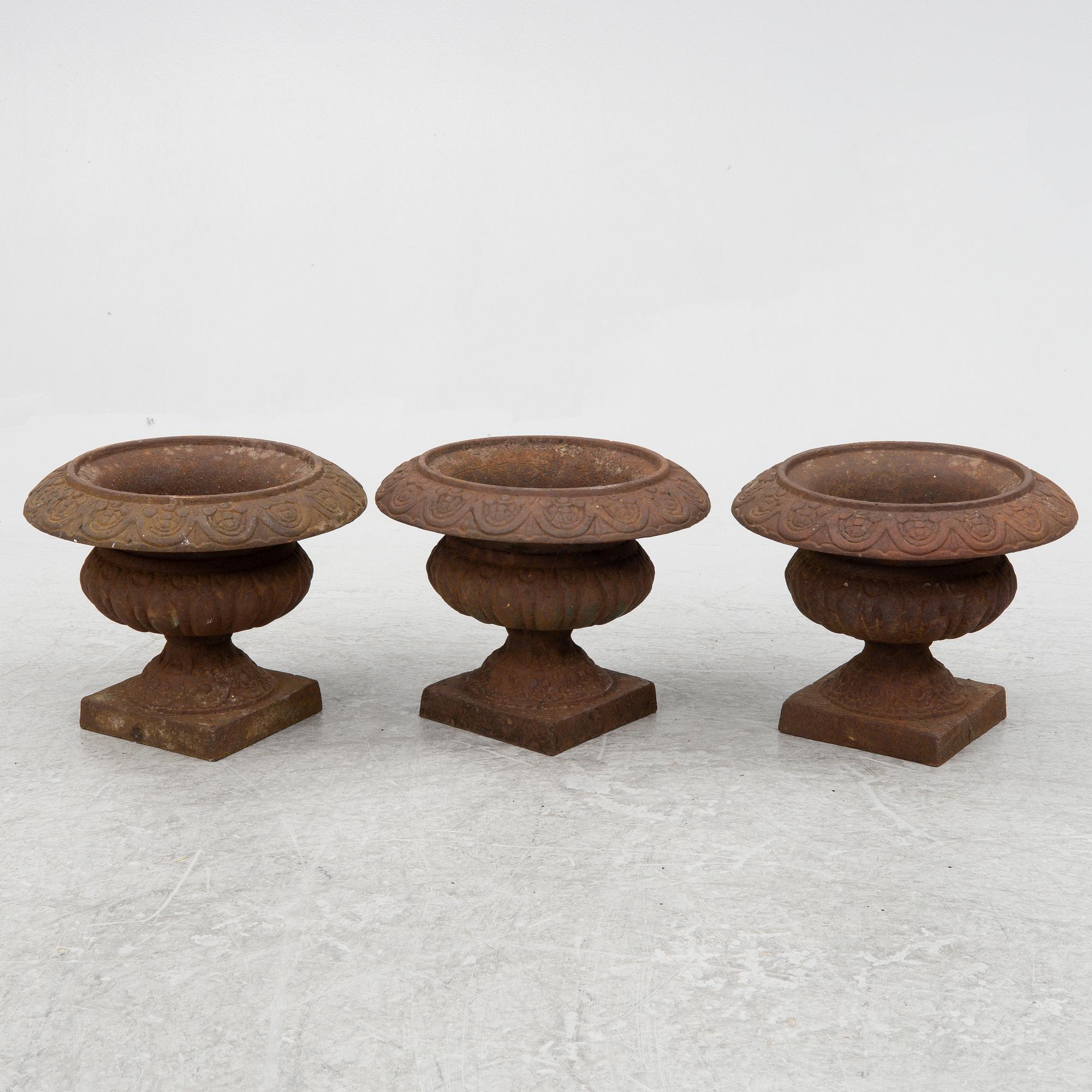 Garden urns, 3 pcs, cast iron, late 20th century.