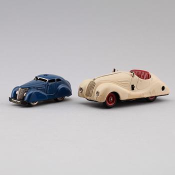 LEKSAKER, 2 st, Schuco, bla Avståndsstyrda bilen, 1950-tal.