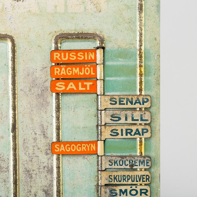 INKÖPSSKYLT, plåt, 1900-talets mitt.