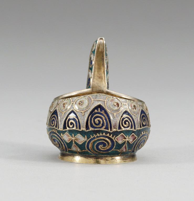 A RUSSIAN SILVER-GILT AND ENAMEL SALT, mark Fabergé, Moscow 1908-1917. Probably of Fedor Rückert.