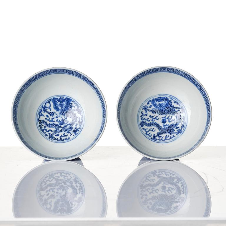 A pair of blue and white stemcups, Qing dynasty with Guangxu mark.