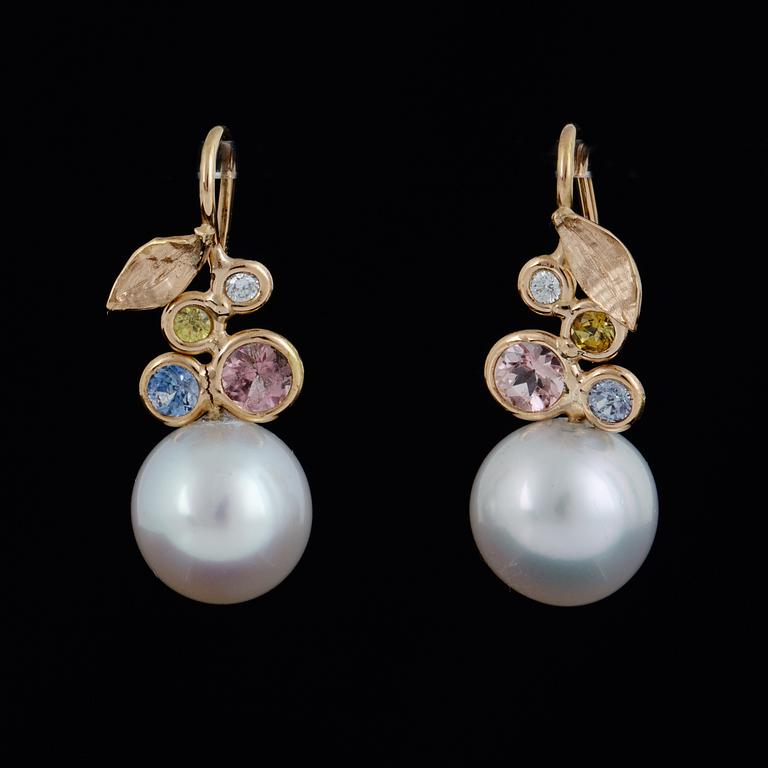 Saltwater pearl, pink tourmaline, sapphire and brilliant-cut diamond earrings.