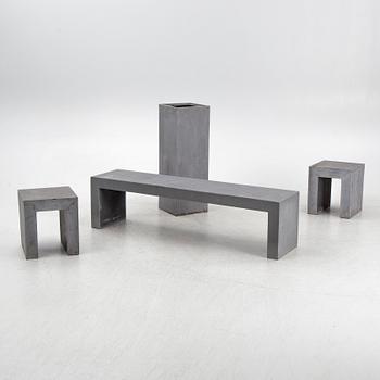 Garden bench, stools, and tall planter, contemporary manufacture.