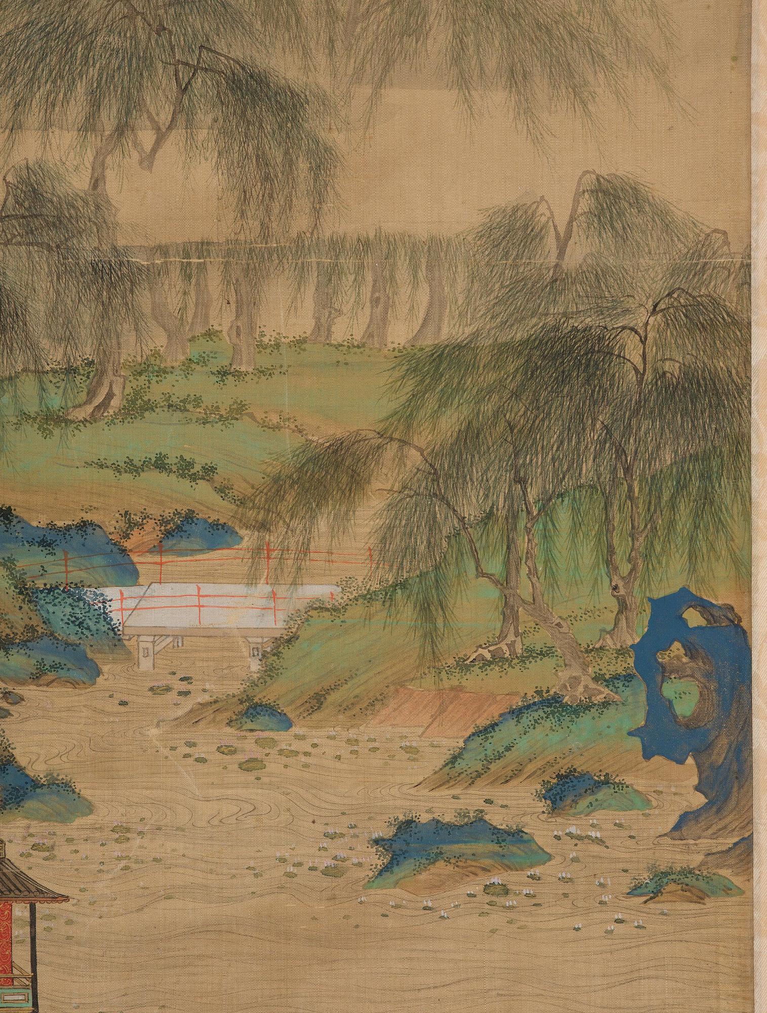 A Chinese scroll painting, ink and colour on silk, late Qing dynasty after Qiu Ying.