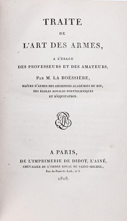 BOK, "Traité de L ´Art des Armes..." av M. la Boëssière, Paris 1818.