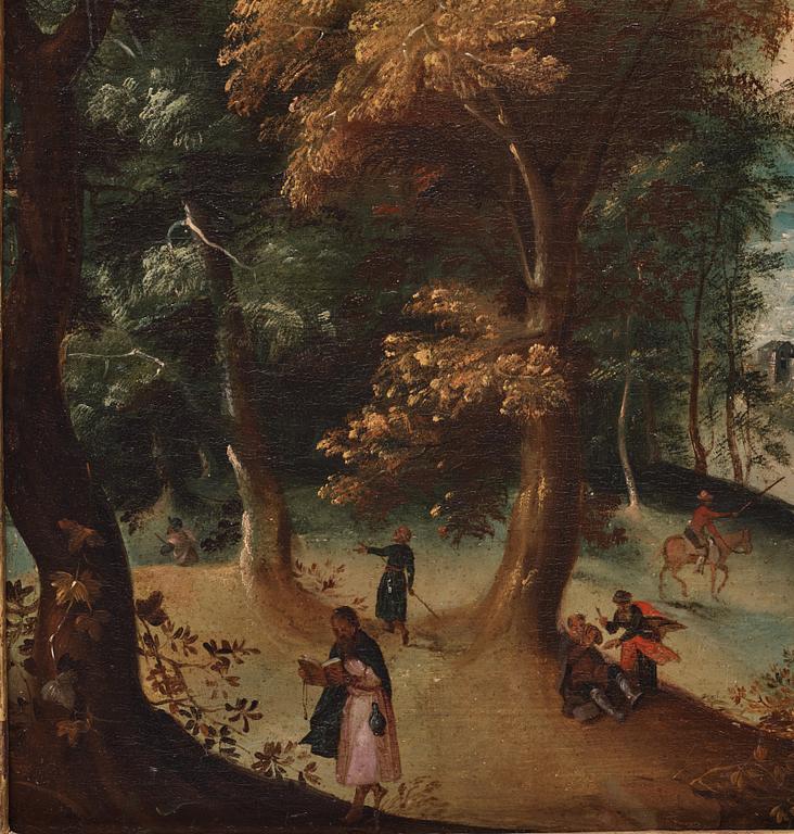 Lucas van Gassel Circle of, A panoramic landscape with figures outside a town.