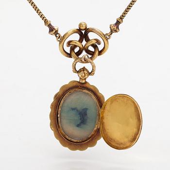 An 18K gold neckalce with a miniature painting. 19th century.