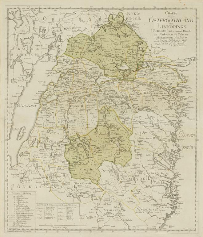 A map, hand-coloured copper engraving, Nils Marelius, 1779.
