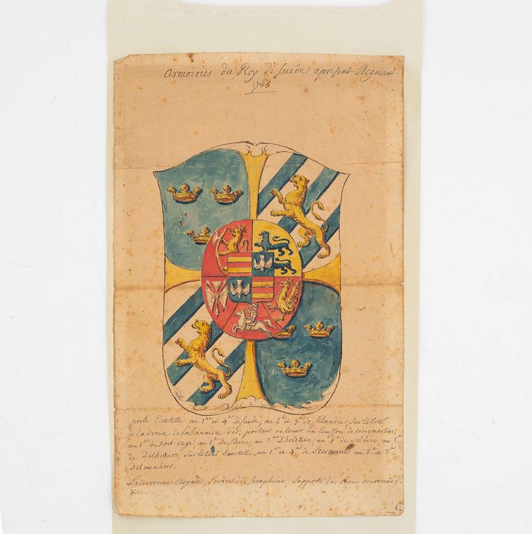 A watercolour, Sweden's Coat of Arms, dated 1765.