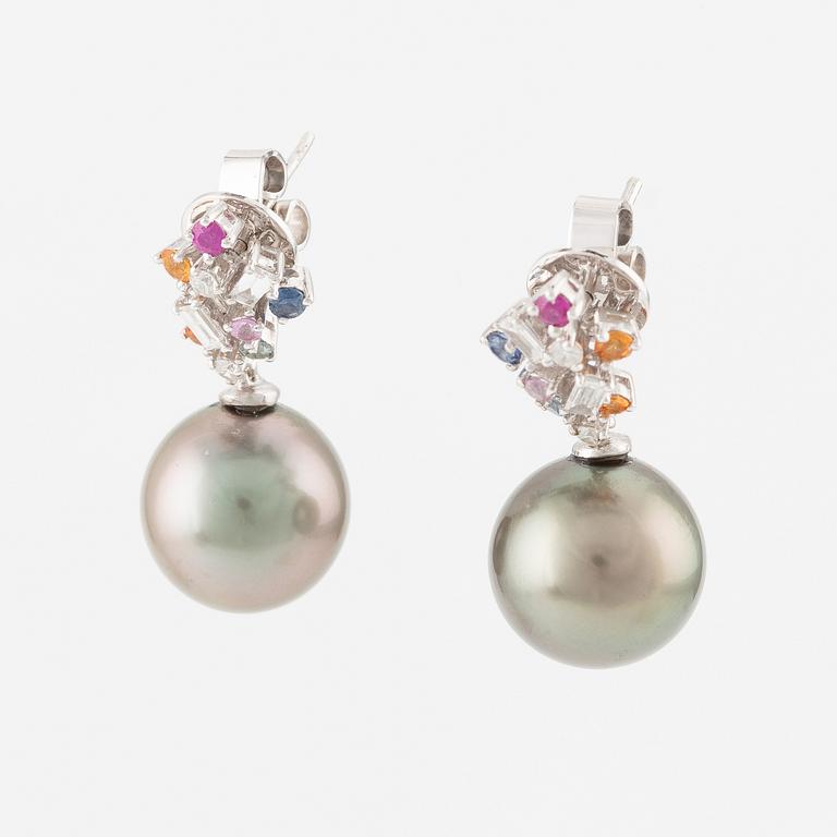 Earrings, a pair with cultured South Sea pearls, multi-coloured sapphires, and baguette and brilliant-cut diamonds.