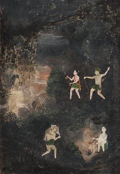 GOUACHE. Nattlig jakt: Bhil-folk jagande svarta bockar.  29,5 x 20,5 cm. Indien, Mogul, Oudh, sent 1700-tal.