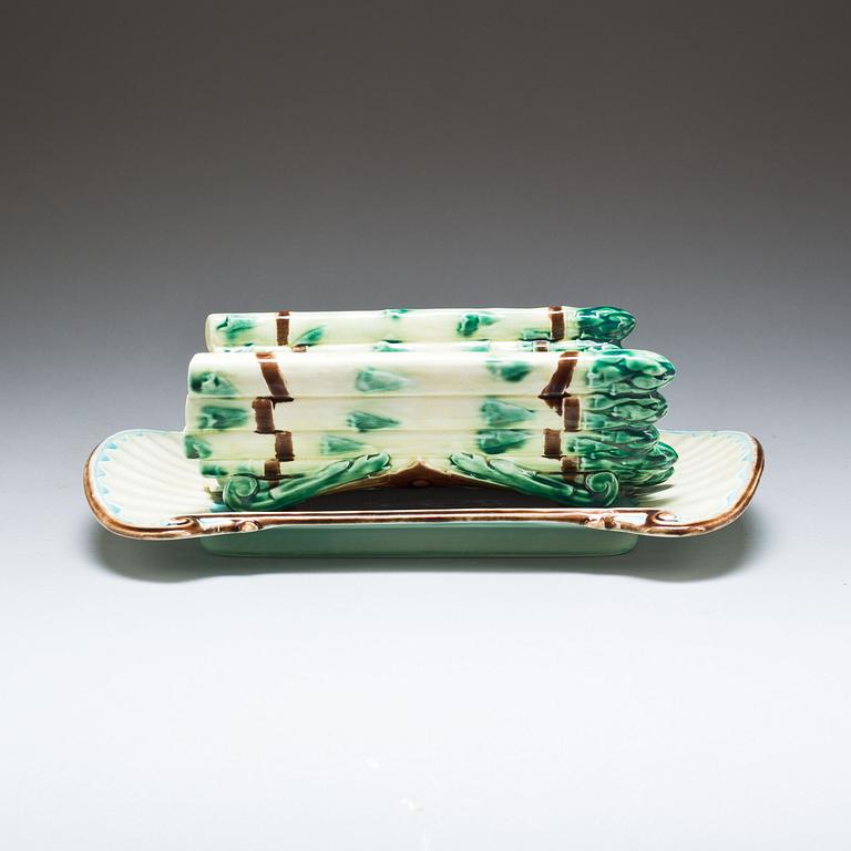 SPARRISFAT, 2 delar, flintgods. Majolika, Gustavsberg, omkring 1900.